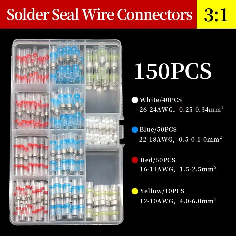 10 ~ 500Pcs Solder Seal Wire Connectors Kit Heat Shrink Butt Crimp Terminals Waterproof Electrical Cable Splice Connector